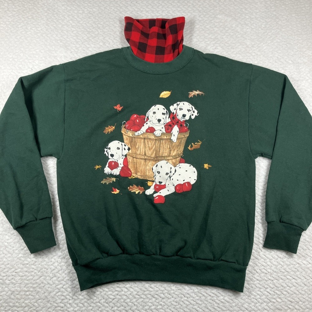Vintage Dalmations Sweater Dog Apples Fall Plaid Neck Sweatshirt Size M Green